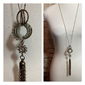 Boho‎ Lariat Tassel Necklace Bronze Tone Aqua Faceted Beads Layering Stackable